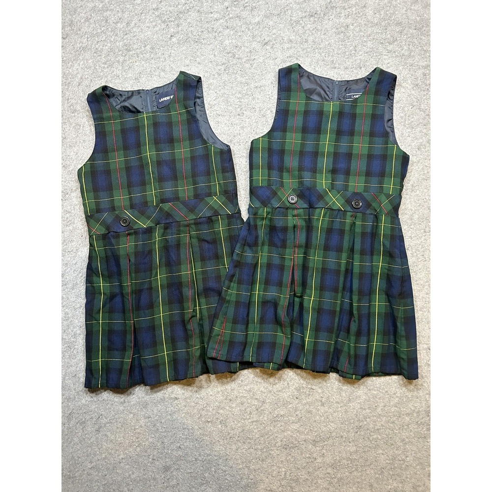 2 LANDS' END Uniforms Plaid #55/Navy Green Jumpers Size 7- One Missing Button